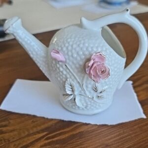 Vintage Hobnail White and Pink Floral Watering Can Pink Roses Gold Accents